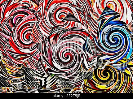 Abstrakte psychedelische Hintergrund Aquarell Stilisierung aus farbigen chaotischen Pinselstrichen in verschiedenen Größen und verschwommenen Flecken von Farbe Stockfoto