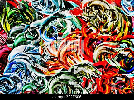 Abstrakte psychedelische Hintergrund Aquarell Stilisierung aus farbigen chaotischen Pinselstrichen in verschiedenen Größen und verschwommenen Flecken von Farbe Stockfoto