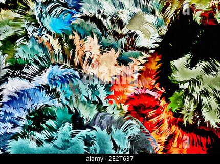 Abstrakte psychedelische Hintergrund Aquarell Stilisierung aus farbigen chaotischen Pinselstrichen in verschiedenen Größen und verschwommenen Flecken von Farbe Stockfoto