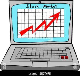 Börsenkonzept. Laptop mit Grafik und Pfeil, Vektor-Cartoon-Illustration auf weißem Hintergrund Stock Vektor