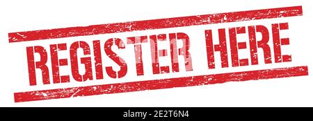 REGISTRIEREN SIE SICH HIER Text auf rot grungy Rechteck Stempelschild. Stockfoto