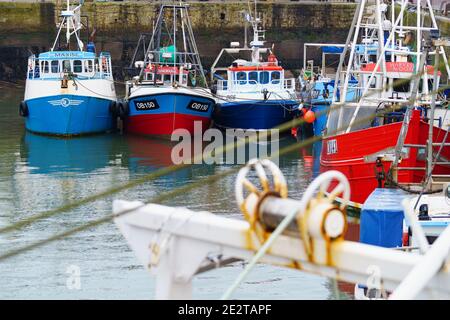 Pittenweem, Schottland, Großbritannien. 15. Januar 2021. Frische Meeresfrüchte, Krabben und Hummer landeten heute Morgen im Hafen von Pittenweem in Fife. Fischer Nick Irvine hat zwei Boote, die Muscheln, Garnelen, Samtkrabben, braune Krabben und Hummer fangen. Ein großer Teil seines Fisches wird nach Asien exportiert und ist zu dieser Zeit des Jahres wegen des bevorstehenden chinesischen Neujahrs beschäftigt, das Nachfrage und Preise erhöht. Dies hat dazu beigetragen, die Probleme bei der Ausfuhr in die EU aufgrund neuer Vorschriften auszugleichen. Bild; Blick auf Fischerboote im Hafen. Iain Masterton/Alamy Live News Stockfoto