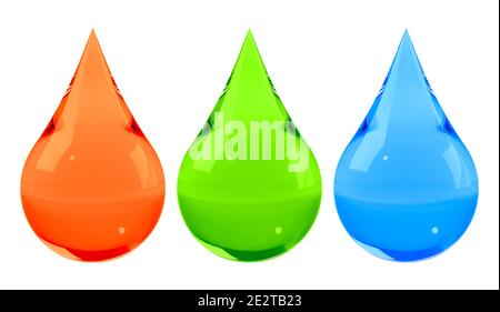 RGB-Farbschema eingestellt. Rote, grüne, blaue Tropfen isoliert auf Weiß gesetzt. Grafisches Design-Element für Poster, Flyer, digitales Display-Handbuch, Studienbücher. 3D Stockfoto