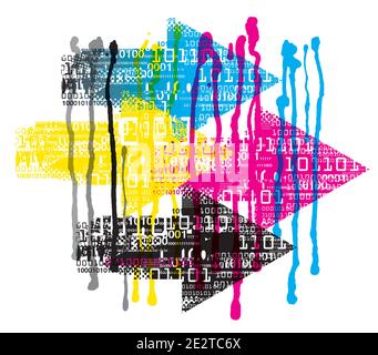 Ausdrucksstarker Hintergrund mit Binärcodes, fließende Farben CMYK. Grunge stilisierte Pfeile mit binären Codes. Stock Vektor