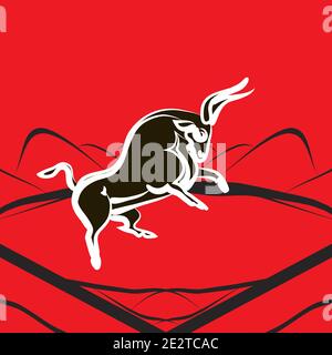 Mächtiger wütender Bulle erzogen sich. Seitenansicht. Von Hand gezeichnet. Schwarze Büffelsilhouette. Weißer Umriss. Symbol für Kraft, Kraft, Fruchtbarkeit. Für Corrida, Logo Stock Vektor