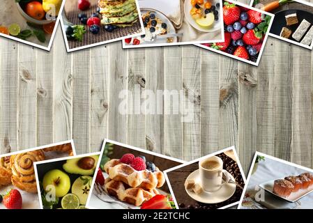 Gesunde Lebensmittel Fotocollage. Collage aus verschiedenen testy Dessert, Früchte auf Holzhintergrund. Gesundes Frühstückskonzept Stockfoto