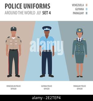 Polizei Uniformen auf der ganzen Welt. Anzug, Kleidung der amerikanischen Polizeibeamten Vektor-Illustrationen-Set Stock Vektor