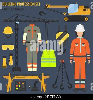 Beruf und Beruf eingestellt. Werkzeuge und Ausrüstung des Kranbedieners. Einheitliche flache Design-Symbol.Vektor-Illustration Stock Vektor