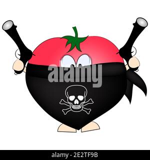 Räuber rote Tomate mit Pistolen. Vektorgrafik. Stock Vektor