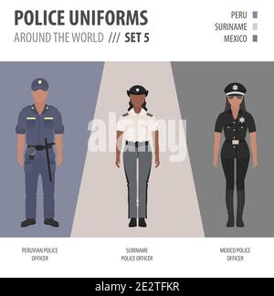 Polizei Uniformen auf der ganzen Welt. Anzug, Kleidung der amerikanischen Polizeibeamten Vektor-Illustrationen-Set Stock Vektor