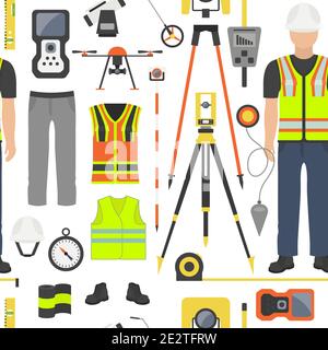 Beruf und Beruf eingestellt. Landvermesser Werkzeuge und Ausrüstung. Nahtloses Muster.Vektorgrafik Stock Vektor