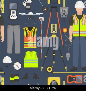 Beruf und Beruf eingestellt. Landvermesser Werkzeuge und Ausrüstung. Nahtloses Muster.Vektorgrafik Stock Vektor