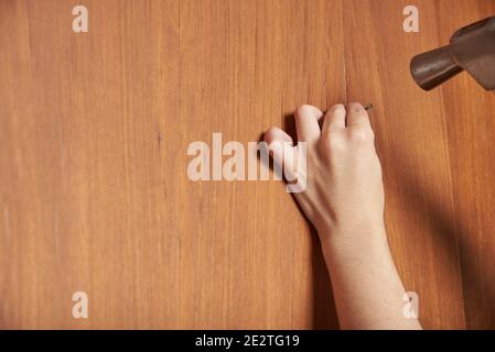 Junge Frau, die mit einem Hammer einen Nagel in eine Holzoberfläche treibt. Bild mit Kopierbereich verschließen. Stockfoto