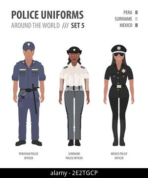 Polizei Uniformen auf der ganzen Welt. Anzug, Kleidung der amerikanischen Polizeibeamten Vektor-Illustrationen-Set Stock Vektor