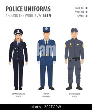 Polizei Uniformen auf der ganzen Welt. Anzug, Kleidung der europäischen Polizeibeamten Vektor-Illustrationen-Set Stock Vektor