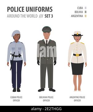 Polizei Uniformen auf der ganzen Welt. Anzug, Kleidung der amerikanischen Polizeibeamten Vektor-Illustrationen-Set Stock Vektor