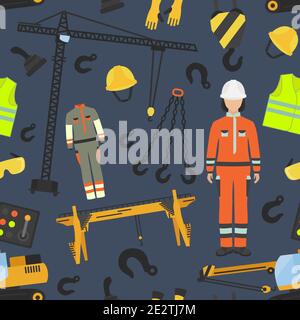 Beruf und Beruf eingestellt. Werkzeuge und Ausrüstung des Kranbedieners. Nahtloses Muster.Vektorgrafik Stock Vektor