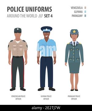 Polizei Uniformen auf der ganzen Welt. Anzug, Kleidung der amerikanischen Polizeibeamten Vektor-Illustrationen-Set Stock Vektor