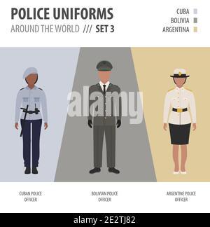 Polizei Uniformen auf der ganzen Welt. Anzug, Kleidung der amerikanischen Polizeibeamten Vektor-Illustrationen-Set Stock Vektor