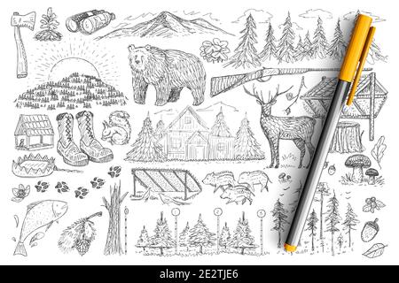 Zubehör und Werkzeuge von Jäger Doodle Set. Sammlung von handgezeichneten Pistole, Wald, Fernglas, wilde Tiere, Haus und Fußabdrücke Elemente der Jagd isoliert auf transparentem Hintergrund Stock Vektor