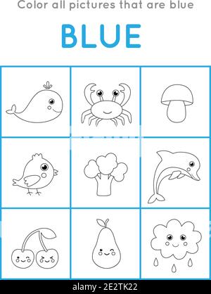Färben Sie alle Objekte mit blauer Farbe. Pädagogische Färbung Spiel für Kinder. Stock Vektor