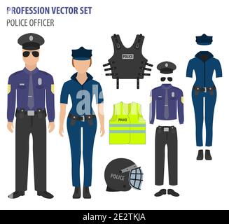 Beruf und Beruf eingestellt. Polizei-Offizier Ausrüstung, einheitliche flache Design-Symbol.Vektor-Illustration Stock Vektor