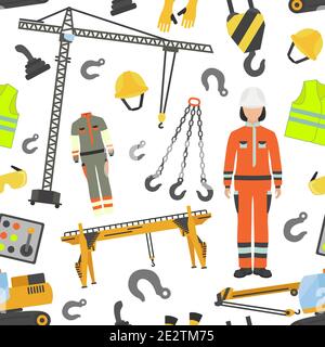 Beruf und Beruf eingestellt. Werkzeuge und Ausrüstung des Kranbedieners. Nahtloses Muster.Vektorgrafik Stock Vektor
