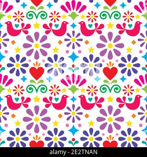 Mexikanische Volkskunst Vektor nahtlose Muster, bunte Textil-Druck-Design mit Blumen, Vögel und Herzen Stock Vektor