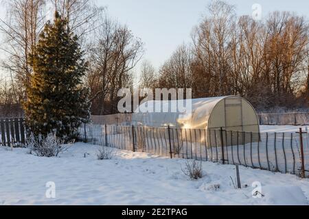 Kleines Polycarbonat-Gewächshaus im Gemüsegarten. Gewächshaus im Winter. Zaun im Garten. Stockfoto