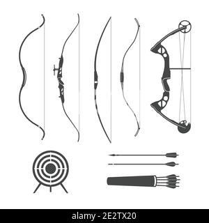 Alte Holzbogen und moderne Sport Bogenschießen, Silhouetten von Bögen und Pfeile isoliert auf weißem Hintergrund, Vektor Stock Vektor