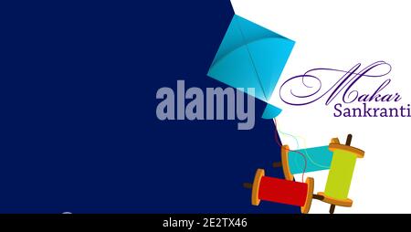 Happy Makar Sankranti Poster Design mit Illustration von bunten Drachen fliegende Hintergründe. Stock Vektor