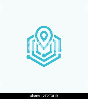 Symbol für lineare Platzmarke, Vektor-Logo im flachen Stil. Geometrische Linien suchen Tech Business, isoliert Symbol auf weißem Hintergrund. Punkt auf Karte Zeichen für Stock Vektor