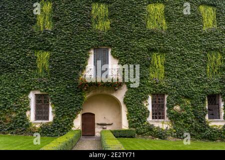 Brixen, Italien - 9. Oktober 2020: Garten mit Haus mit grünem Bergsteiger, Weinstock, im Kloster Abbazia di Novacella, Kloster Neustift im Herbst in t Stockfoto