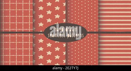 Satz von handgezeichneten Vektor-nahtlosen Mustern. Geometrische - Streifen und Punkte. Doodle Zeichnung mit Buntstiften. Rot und weiß. Ideal für Textilien Stock Vektor