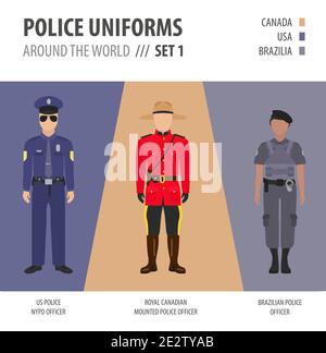 Polizei Uniformen auf der ganzen Welt. Anzug, Kleidung der amerikanischen Polizeibeamten Vektor-Illustrationen-Set Stock Vektor