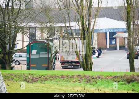 Bar Hill Cambridge, Großbritannien, England, 15-01-2021, Best Western Holet auf der A14 in Bar Hill wird in Zusammenarbeit mit der Regierung als Isolationsort für ausländische Lastwagenfahrer verwendet, die positiv auf covid-19 testen und anstatt in ihren Taxis zu bleiben, werden sie während der Isolation mit einem Zimmer und Essen versorgt.während die Fahrer isoliert sind Das Hotel darf nicht verlassen werden. In der Regel wird der Komplex für Freizeit und Golf genutzt, Stockfoto