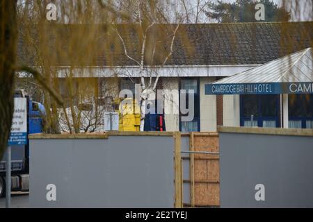 Bar Hill Cambridge, Großbritannien, England, 15-01-2021, Best Western Holet auf der A14 in Bar Hill wird in Zusammenarbeit mit der Regierung als Isolationsort für ausländische Lastwagenfahrer verwendet, die positiv auf covid-19 testen und anstatt in ihren Taxis zu bleiben, werden sie während der Isolation mit einem Zimmer und Essen versorgt.während die Fahrer isoliert sind Das Hotel darf nicht verlassen werden. In der Regel wird der Komplex für Freizeit und Golf genutzt, Stockfoto