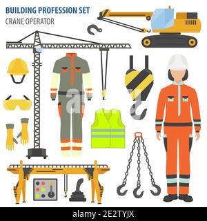 Beruf und Beruf eingestellt. Werkzeuge und Ausrüstung des Kranbedieners. Einheitliche flache Design-Symbol.Vektor-Illustration Stock Vektor