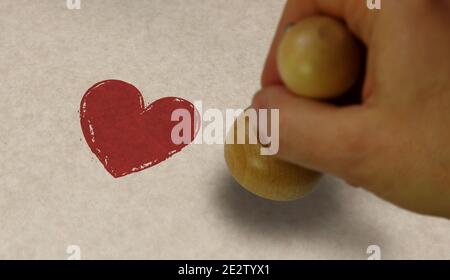 Herz Gesundheit und Liebe Symbol Stempel und Stempelhand. Romantisches, Herz, Feier Botschaft Konzept. Stockfoto