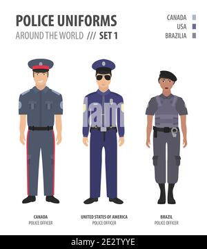 Polizei Uniformen auf der ganzen Welt. Anzug, Kleidung der amerikanischen Polizeibeamten Vektor-Illustrationen-Set Stock Vektor