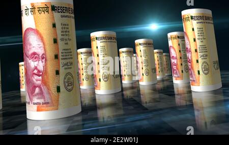 Indische Rupie Rollen 3d-Illustration. Geld auf dem Tisch. Kamera zwischen INR rollte Banknoten. Abstraktes Konzept von Wirtschaft, Finanzen, Bargeld, Geschäft, rec Stockfoto