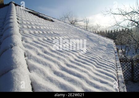 Schnee auf dem Dach in der Sonne. Eine Winterschichtabdeckung des weißen Daunendeckels decken die Dachziegel von der Sonne ab. Schöne saisonale ländliche Aussicht. Stockfoto