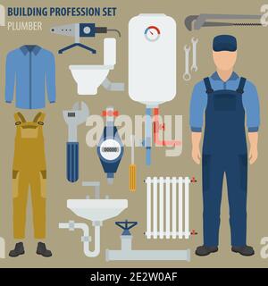 Beruf und Beruf eingestellt. Klempner Werkzeuge und Ausrüstung. Einheitliche flache Design-Ikone. Vektorgrafik Stock Vektor