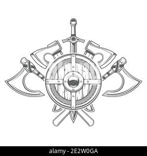 Emblem mit rundem Wikingerschild und gekreuzten kalten Armen, Äxten und Schwertern, mittelalterlicher Rüstung, Vektor Stock Vektor