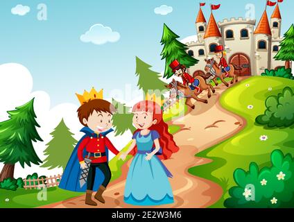 Szene mit Prinz und Prinzessin im Schloss Abbildung Stock Vektor