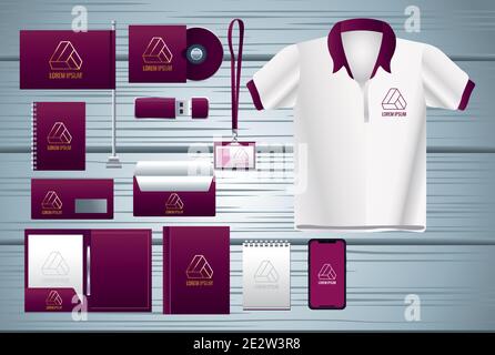 Bündel von mockup Branding-Set-Icons in Holz Hintergrund Vektor Illustrationsdesign Stock Vektor