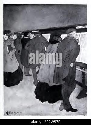 Der Newsroom von Yoshio Markino zeigt eine Gruppe von Männern und Frauen im Newsroom, die Zeitungen lesen, insbesondere die Daily Mail - 1903 Stockfoto