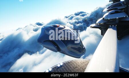 Futuristisches Schiff landet auf futuristischer Basis in den Wolken. 3d-Rendering. Stockfoto