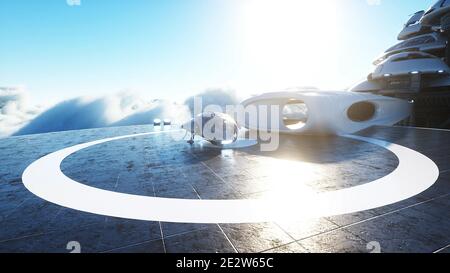 Futuristisches Schiff landet auf futuristischer Basis in den Wolken. 3d-Rendering. Stockfoto