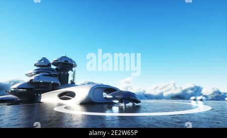 Futuristisches Schiff landet auf futuristischer Basis in den Wolken. 3d-Rendering. Stockfoto